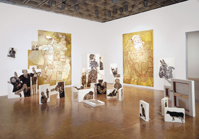 Ida Applebroog, Installation at the Whitney Biennial, 1993 including Jack F: Forced to Eat His Own Excrement, 1992, oil and resin on canvas, four panels, overall 279.4 x 228.6 cm; and Kathy W: Is Told That if She Tells, Mommy Will Get Sick and Die, 1992, oil and resin on canvas, two panels, overall 279.4 x 182.9 cm