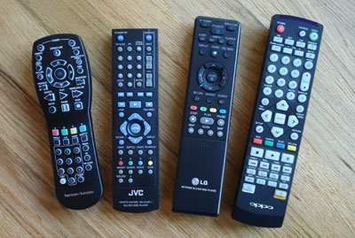 Blu-ray remotes, from left: Harman/Kardon, JVC, LG, Oppo