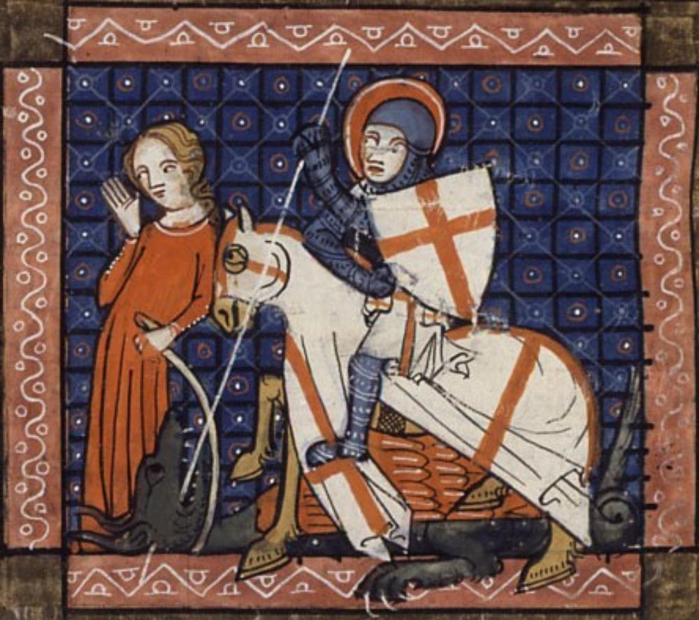 Historical painting of the knight Saint George slaying a dragon