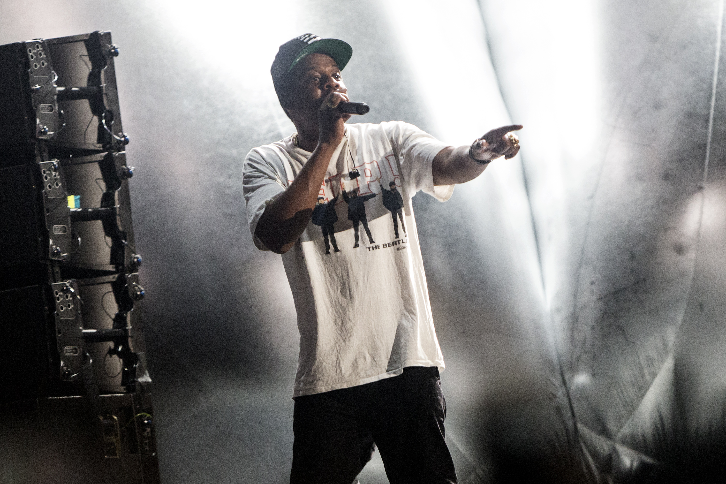 Jay Z headlining the first night, in front of his custom Jeff Koons balloon dog. Photo by Brian F. Benton.